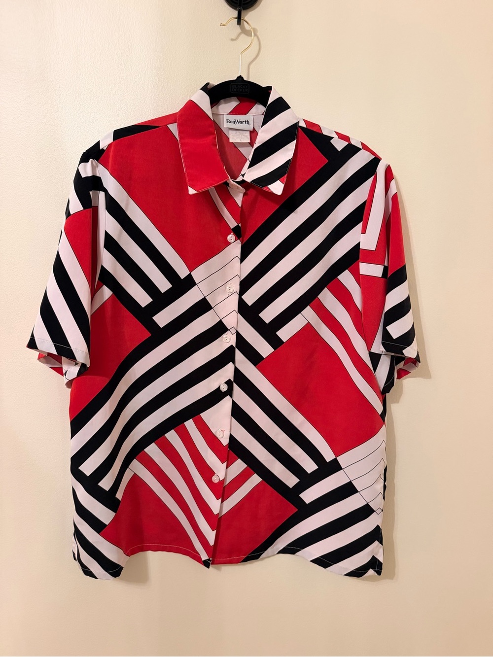 Vintage BonWorth Red Black White Geometric Mod Shirt Size L
